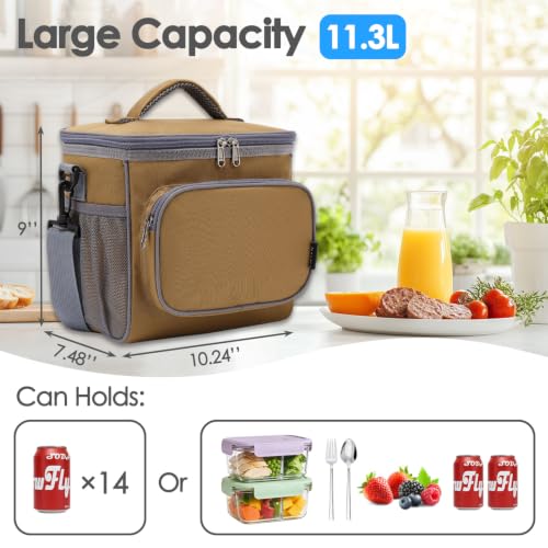 FlowFly Insulated Reusable Lunch Bag Adult Large Lunch Box for Women and Men with Adjustable Shoulder Strap,Front Zipper Pocket and Dual Large Mesh Side Pockets,Brown - color: Brown