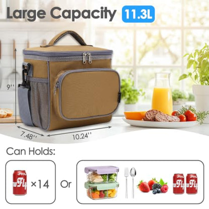 FlowFly Insulated Reusable Lunch Bag Adult Large Lunch Box for Women and Men with Adjustable Shoulder Strap,Front Zipper Pocket and Dual Large Mesh Side Pockets,Brown - color: Brown