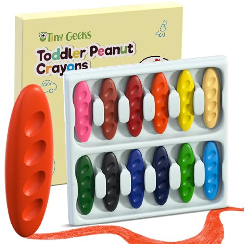 TinyGeeks 12 Peanut Crayons - Non Toxic Crayons for Toddlers - Washable for Kids Ages 4-8 - Easy To Hold - Toddlers 2-4 Years - Ergonomic Shape
