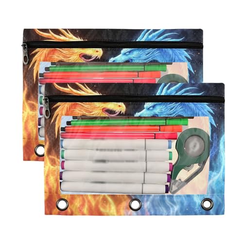 Kcldeci Pencil Pouch for 3 Ring Binder, Red Blue Fire Dragon 2 Pack Binder Pencil Pouch with Clear Window Pencil Bags with Zipper Pencil Case for binder - color: A02