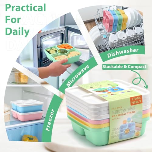 QQKO Bento Snack Box Containers for Adults Kids, 4 Pack Lunchable Meal Prep Containers Reusable, Stackable Bento Lunch Box, Food Storage Prep Containers with 4 Sauce Cups, Pastel Color, White Lid - color: Pastel, White Lid