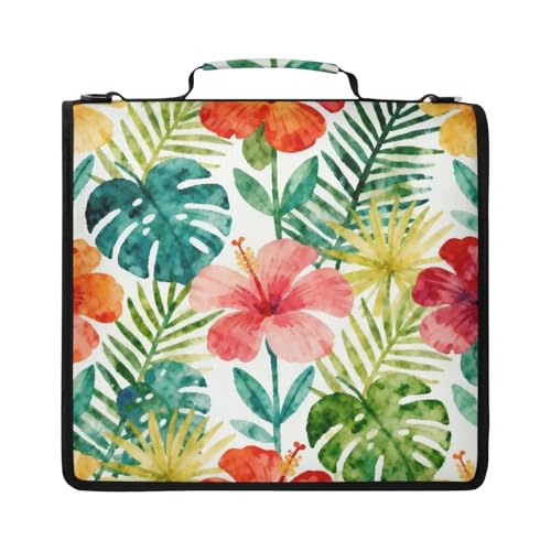Tropical Flowers Leaves Zipper Binder with 2 Inch D-Rings Expandable File Portfolio with Shoulder Strap, Waterproof Nylon Organizer for 14" Laptop for Work College Travel