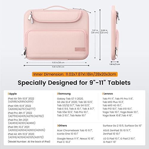 MoKo 9-11 Inch Tablet Sleeve Bag, Fits iPadAir 5/4th 10.9, iPadPro 11 Inch, iPad 9/8th 10.2, iPad 10th 10.9, Tab S8/S9 11",Waterproof Polyester Bag with Double Pockets,Retractable Handle, Pink - color: Pink, style: 9-11 Inch