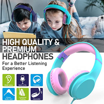 FosPower Kids Headphones with 3.5mm Laced Cables, Children & Teens Over The Ear Foldable Adjustable Headset w/Built-in Mic for Smartphones/PC/Tablet/Laptop/School (Max Volume 85dB) - Mint/Pink - color: 07 - Mint/Pink