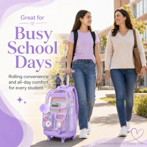 WZLVO Clear Backpack Rolling Backpack for Girls Women, Heavy Duty PVC Transparent Bookbag, See Through Wheeled Backpacks Set for Teens Elementary Travel - Purple - color: Purple