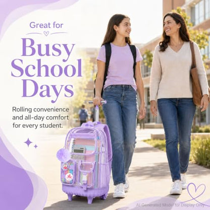 WZLVO Clear Backpack Rolling Backpack for Girls Women, Heavy Duty PVC Transparent Bookbag, See Through Wheeled Backpacks Set for Teens Elementary Travel - Purple - color: Purple