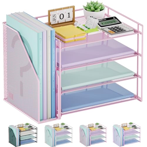 Marbrasse Desk Organizer and Accessories，4-Tier Paper Letter Tray Organizer with File Holder，Desk Accessories & Workspace Desktop Organizers for School Home Office Supplies (Pink) - color: Pink
