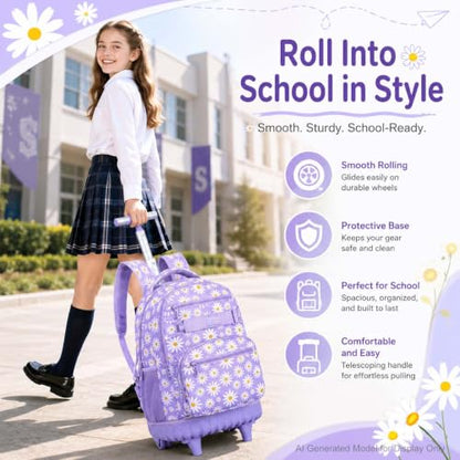 AGSDON Rolling Backpack for Girls, Women Roller Wheels Bookbag, Laptop Daisy Wheeled School Bag with Wheels for Teens - color: Daisy Purple