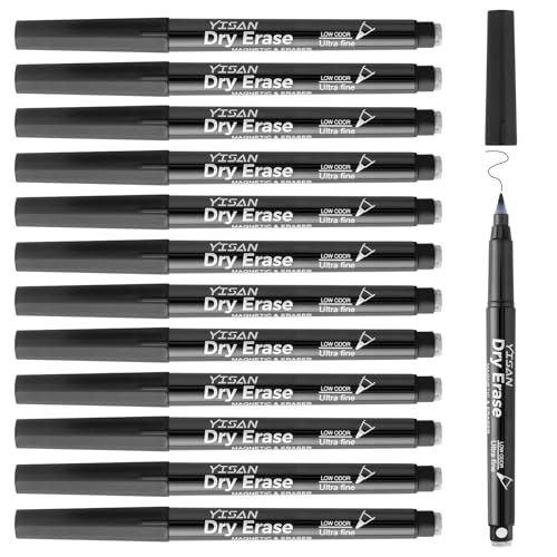 YISAN Black Dry Erase Markers Ultra Fine Tip,0.7mm Extra Fine Point, Whiteboard Markers with Eraser,Low Odor,70573 - color: Black