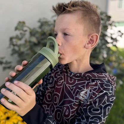 OLDLEY 20oz Kids Water Bottle with Straw, BPA-Free Tritan Water Bottle for School, Leakproof Clear Water Bottle with One Click Open, Measurement Scale, Cup Holder Friendly for Boys Girls,Army Green - color: Army Green