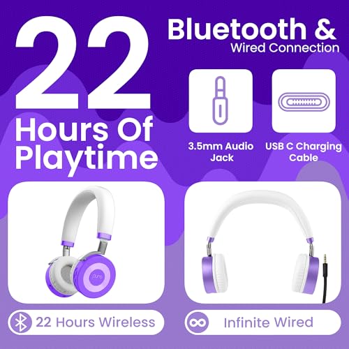 Puro Sound Labs JuniorJam Plus Volume-Limiting Wireless Bluetooth Headphones for Kids, Secure Audio with Adjustable On-Ear Design, 22-Hour Battery Life, Ideal for Tablets, Smartphones & PCs - Purple - color: Purple