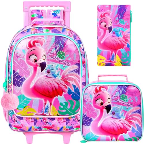 gxtvo Girls Rolling Backpack, Cute Flamingo Roller Wheels Kids Bookbag - Wheeled Elementary School Bag - 3PCS Flamingo - color: Uv Printing Flamingo Pink Rolling Backpack