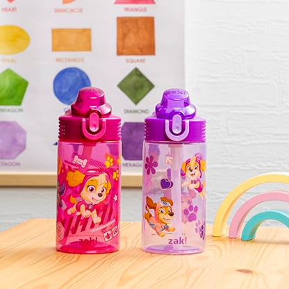 Zak Designs PAW Patrol Sage Kids Water Bottle For School or Travel, 16oz Durable Plastic Water Bottle With Straw, Handle, and Leak-Proof, Pop-Up Spout Cover, 2-Pack Set (Skye & Friends) - color: PAW Patrol (Skye & Friends)