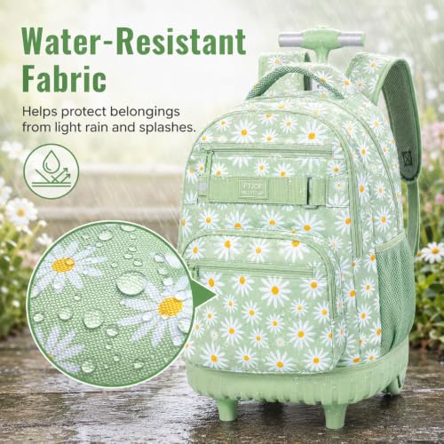 AGSDON Elegant Chrysanthemum Rolling Backpack Set – 20” Girls Roller Bookbag with Matching Lunch Box for Travel, Commute & School | Water-Resistant Fashion Wheeled Organizer in Flower Cyan - color: Rolling Backpack Set - Daisy Green
