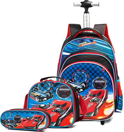 Meetbelify 3Pcs Rolling Backpack for Boys,School Backpack with Wheels for Boys - color: Red Car