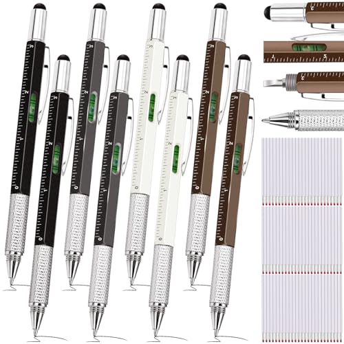 Zhanmai 8 Pcs 6 in 1 Multitool Pen Bulk Gift for Men Multi Tool Pen with Ruler Level Screwdriver Stylus Cool 20 Ink Refill Tool Gadget Birthday Christmas Stocking Stuffers (Black White Gray Brown) - color: Black, White, Gray, Brown