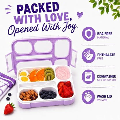 Bento Lunch-Box and Snack Container Set for Kids, 6 and 3 Compartment Boxes Leakproof School Bentos Meal Portion Control Containers BPA Free, Boys Girls Adults, Purple Lilac Large + MINI 2 Pack - color: Lilac Large + MINI 2 Pack