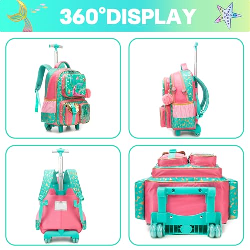 Meetbelify Mermaid Rolling Backpack with Wheels for Girls Rolling Backpacks with Lunch Box for Elementary School Students 16inch Kids Travel Luggage Suitcase for Girls Age 8-10 - color: Girl Pink Mermaid