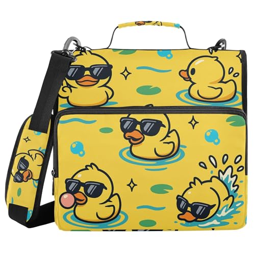 Cartoon Rubber Duck Wear Sunglasses Zipper Binder Organizer with Shoulder Strap Multi-Pocket 1.5 Inch 3 Rings Pencil Case Portfolio Binder Home Travel Cards Storage Container - color: Cartoon Rubber Duck Wear Sunglasses