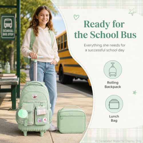 AGSDON Rolling Backpack for Girls, 21" Women Roller Wheels Bookbag, Laptop Wheeled Suitcase School Backpacks with Lunch Bag for Teens - color: Square Green