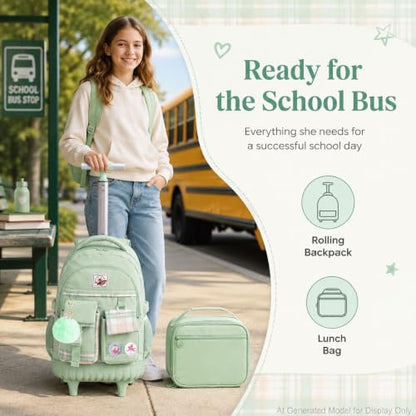 AGSDON Rolling Backpack for Girls, 21" Women Roller Wheels Bookbag, Laptop Wheeled Suitcase School Backpacks with Lunch Bag for Teens - color: Square Green