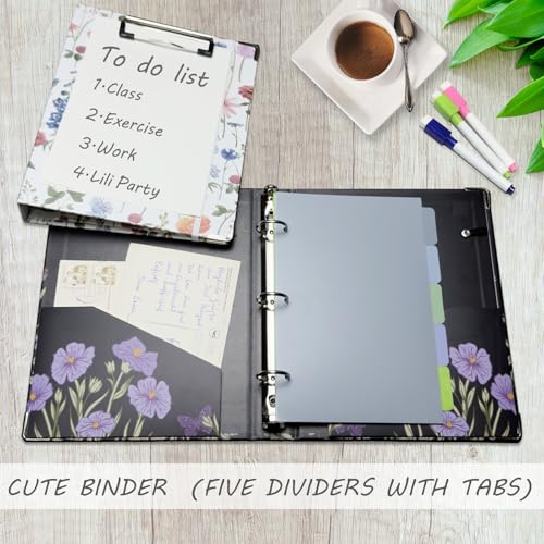 Mini Binder 3 Ring 1 Inch for 5.5"x8.5" Paper, Cute Small Three Ring Binders with Clipboard, 5-Tab Dividers, Spine ID Label Holder, BVSSX A5 Binder with Pen Holder, Black Weeds - color: Black Weeds, size: 1in（5.5"X8.5"）