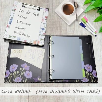 Mini Binder 3 Ring 1 Inch for 5.5"x8.5" Paper, Cute Small Three Ring Binders with Clipboard, 5-Tab Dividers, Spine ID Label Holder, BVSSX A5 Binder with Pen Holder, Black Weeds - color: Black Weeds, size: 1in（5.5"X8.5"）