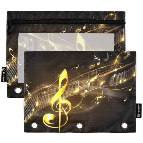 Studying 2 Pack Golden Music Notes Black 3 Ring Binder Pencil Pouch Bags,Clear Window Zipper Storage Case for Boys Girls School Office Supplies Cosmetics Organizers - color: Multi-note