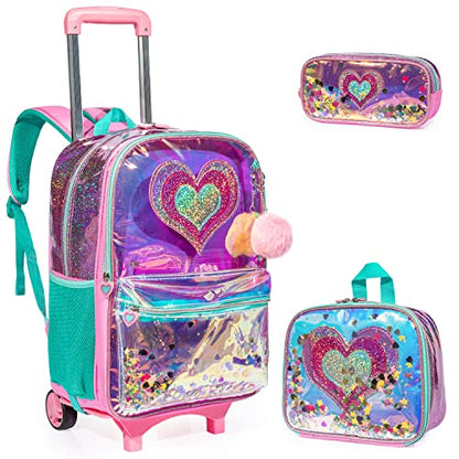 kids Rolling Kid Travel Toddler Duffle Bag Hearts Detachable Backpack for Girls Carry Luggage Roller Computer Suitcase with Pencil Case Lunch Box Wheels Wheeled Clear Backpacks Girls Pink - color: Pink-aixin