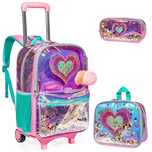 kids Rolling Kid Travel Toddler Duffle Bag Hearts Detachable Backpack for Girls Carry Luggage Roller Computer Suitcase with Pencil Case Lunch Box Wheels Wheeled Clear Backpacks Girls Pink - color: Pink-aixin