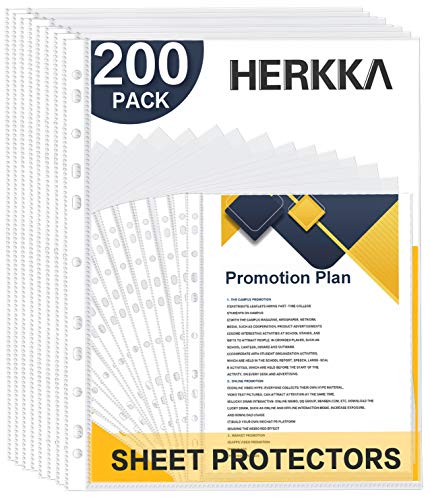 Sheet Protectors, HERKKA 200 Pack Upgrade Clear Plastic Page Protectors Sheet Reinforced 11-Hole Fit for 3 Ring Binder Fits Standard 8.5 x 11 Paper, 9.25 x 11.25 Top Loaded, Acid Free - size: 200 Pack