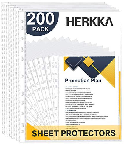 Sheet Protectors, HERKKA 200 Pack Upgrade Clear Plastic Page Protectors Sheet Reinforced 11-Hole Fit for 3 Ring Binder Fits Standard 8.5 x 11 Paper, 9.25 x 11.25 Top Loaded, Acid Free - size: 200 Pack