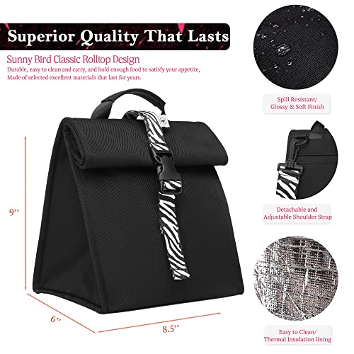 SUNNY BIRD Insulated Lunch Bag Rolltop Lunch Box (Black with white strap) - color: Black with white strap