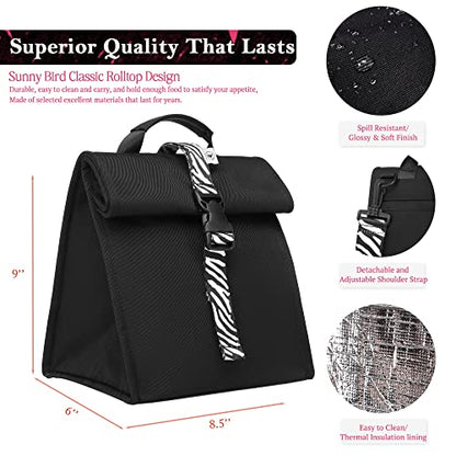 SUNNY BIRD Insulated Lunch Bag Rolltop Lunch Box (Black with white strap) - color: Black with white strap
