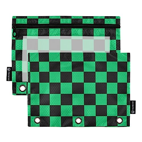 Fisyme Black and Green Plaid Checkered Pencil Pouch for 3 Ring Binder Pencil Case Pencil Bag Zipper Pouch with Clear Window for Office Supply 2 Pack - color: Multicolored- Green Black