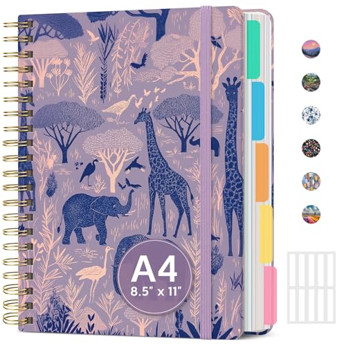 Large Spiral Lined Notebook for Work with Dividers & Tabs, 8.5"x11" Hardcover 5 Subject Notebook, College Ruled, 280 Pages, Savanna Tales - color: M - Savanna Tales