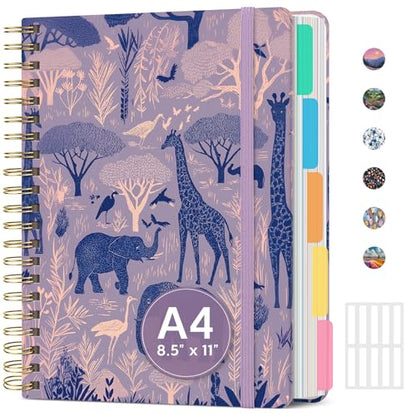 Large Spiral Lined Notebook for Work with Dividers & Tabs, 8.5"x11" Hardcover 5 Subject Notebook, College Ruled, 280 Pages, Savanna Tales - color: M - Savanna Tales