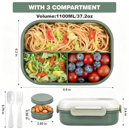 3-Compartment Leak-Proof Bento Box for Kids & Adults, Green | Insulated bag, utensils & sauce container included; BPA-free; Microwave & dishwasher safe; Ideal for school, office & travel. - color: Green
