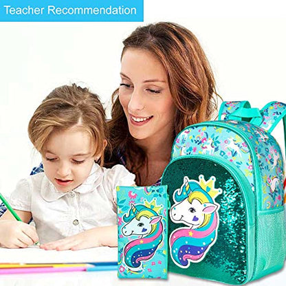 gxtvo 3PCS Girls Backpack, 16" Sequin Prechool Elementary Bookbag and Lunch Box - color: Unicorn Green