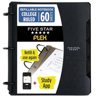 Five Star Flex Refillable Notebook + Study App, College Ruled Paper and 1 Inch TechLock Ring Binder with Pockets, Tabs and Dividers, 200 Sheet Capacity, Black (29328AA2) - color: Black, size: 1 Count (Pack of 1)