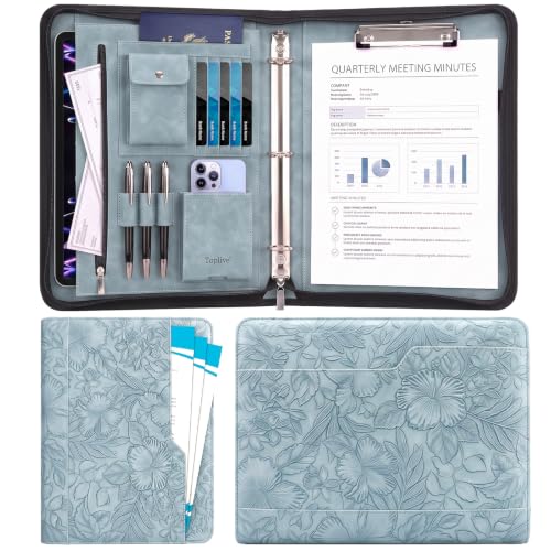 Embossed Padfolio with Zipper, Leather Portfolio Binder, 3 Ring Organizer | Zipper Closure, 3 Ring Binder, Fits Letter/A4, Multiple Card Slots & Pen Loops, Phone Pocket, Embossed Vegan Leather - color: Blue Emboss