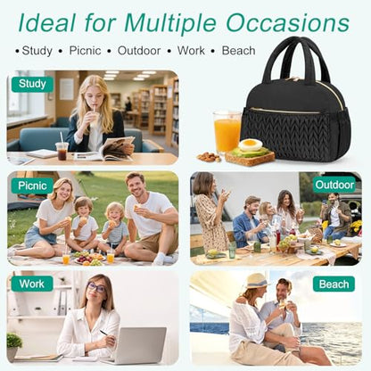 Coobiiya Cotton Quilted Lunch Bag,Cute Insulated Puffer Lunch Box for Women | Large Capacity Thermal Waterproof Cooler Bag for Work Picnic Travel - color: Black Woven Cotton