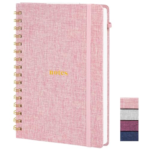 A5 Spiral Notebook, Fabric Hardcover College Ruled Journal | 100GSM Paper 160 Lined Pages, 5.7"x8.39" Steno Pads with Elastic Band & Pen Loop, for Work, School Note Taking (Pink) - color: Pink, size: A5-Spiarl Notebook-160pages