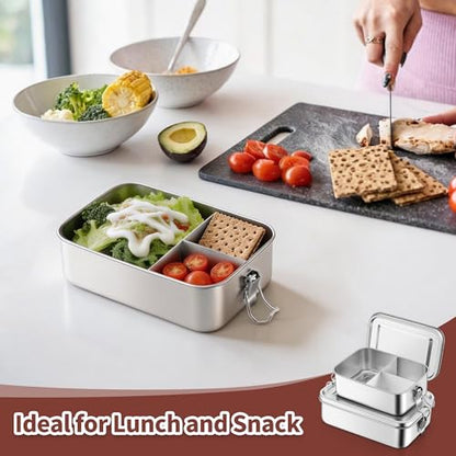 TeamFar 2 Pack Stainless Steel Bento Box, 28 & 47oz Metal Lunch Box | 3 Compartments for Adults/Kids, Lunch Food Containers for School/Work/Meal Prep, Leak-Proof & Dishwasher Safe, 850ML+1400ML - size: 850ML+1400ML