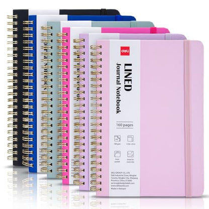 deli 6-Pack Lined Spiral Journal Notebook, 160 Pages, A5 (5.5"x8") Hardcover Writing Notebook, College Ruled Spiral Bound Journal for Women & Men - Perfect for Work, School, Office & Note Taking - color: Pink, Purple, Rose Red, Green, Navy Blue, Black, si