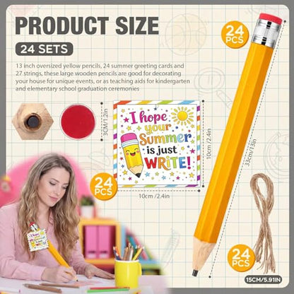 24 Sets End of the Year Student Gifts 13 Inch Big Wooden Jumbo Pencils Set of Giant Pencil Prop with Summer Greeting Card Large Pencils with Cap Preschool Kindergarten Graduation Gift