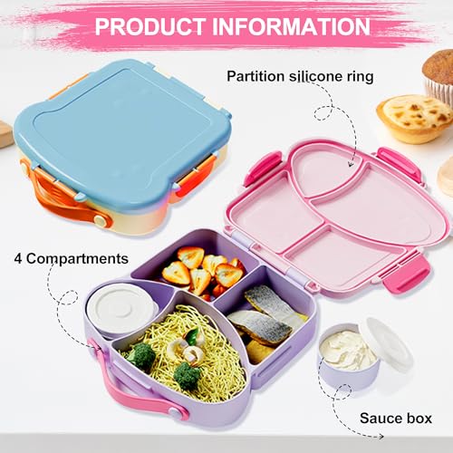 Kids Bento Lunch Box, Toast Shaped 4-Compartment 31OZ Container with Sauce Cup & Utensils (Ages 3+) Leak-Proof, Drop-Proof, Dishwasher Safe | BPA-Free Reusable Lunch Box for School, Travel | Pink - color: Pink-31oz