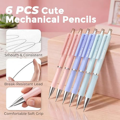 Nicpro 6PCS Cute Mechanical Pencil Set with Case, 0.7 mm Mechanical Pencils with 6 Tube HB Lead Refill, 3PCS Eraser, 9PCS Eraser Refill for School Supplies Student Writing, Drafting Drawing Sketching - style: 6 Pack (0.7mm)