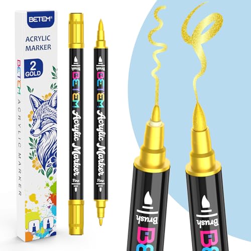 Betem Gold Acrylic Paint Pens, 2-Pack Dual Tip Metallic Acrylic Markers, Gold Paint Pens with Fine & Brush Tip, for Black Paper, Scrapbooking, Photo Album, Rock Painting, Card Making - color: Gold