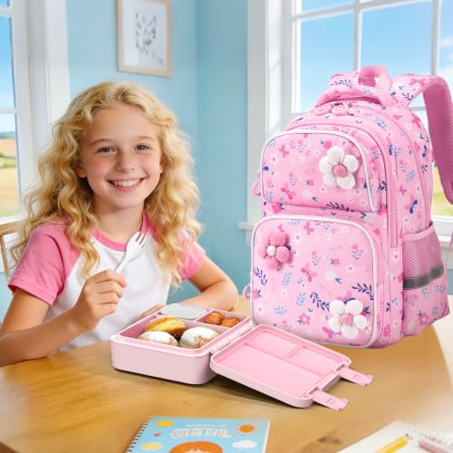 Kids Backpack for Girls 4-8, Cute 3D Soft Flower Toddler Backpack with 34oz Lunch Box, Insulated Bag, Pen Case & Utensils, School Bookbag for Preschool Kindergarten Elementary Student - color: Flowers
